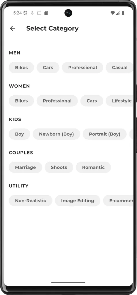 Screenshot of Prompt King app showing category filters like Men, Women, and Kids