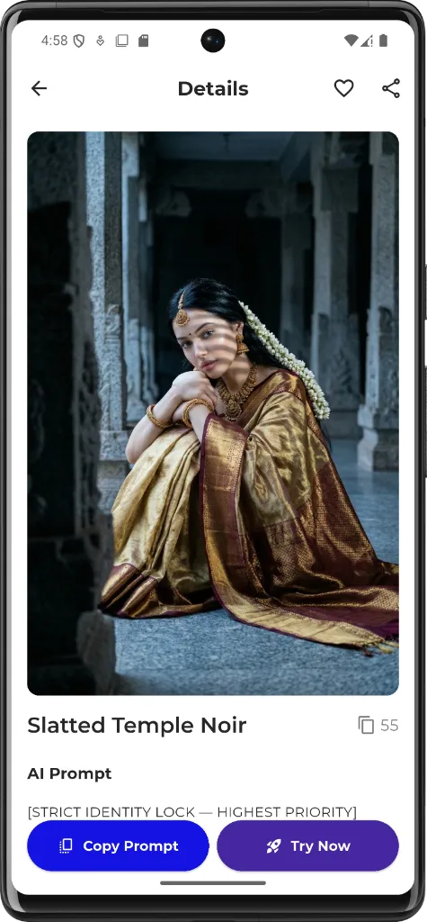 Prompt King App showing details for a specific AI photo style prompt