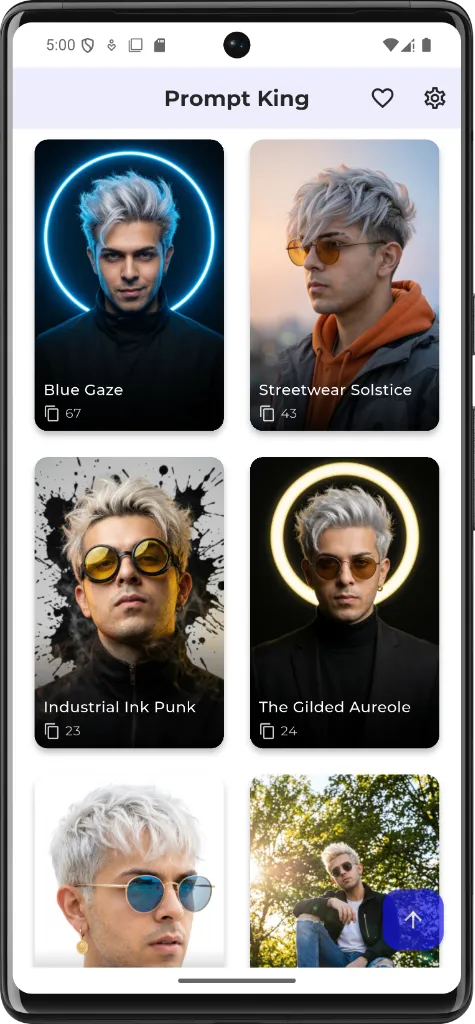 Screenshot of Prompt King app showing a gallery of AI styles including Blue Gaze and Ink Punk