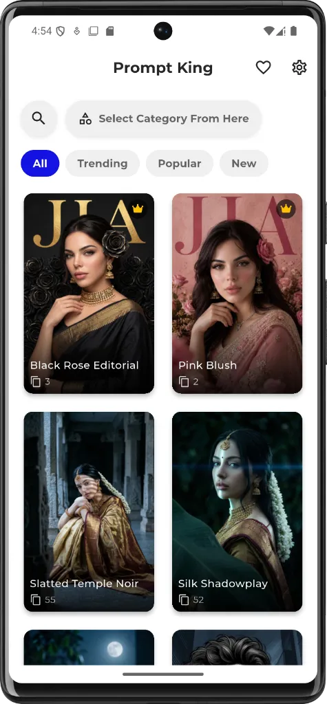 Prompt King App Interface showing AI styles grid in the gallery